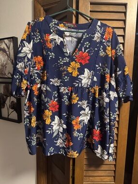 Bloomchic Navy Floral V-Neck Tunic with Red, Orange, Yellow & White Blooms